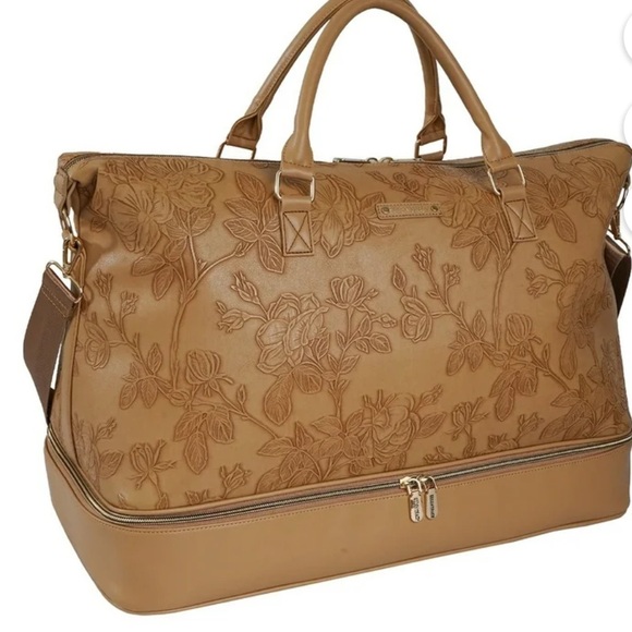 Ellen Tracy Brown 30” Floral Embossed Faux Leather Duffel Bag Weekender - Picture 1 of 7